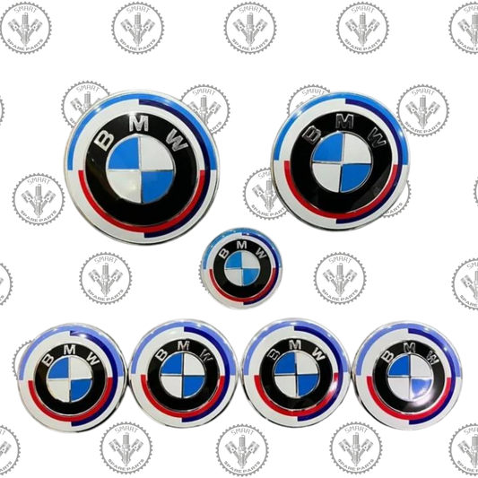 BMW 7-Piece Front Hood Emblem Set for 50th Anniversary - Part Number 82mm Rear Badge, 82mm Wheel Hub Cap, 68mm Steering Wheel Sticker, 45mm